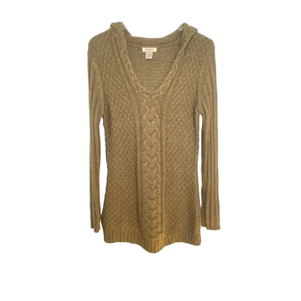 Vertico Taupe/Brown Hooded Cable Knit Sweater VNeck Ribbed Cuffs/Hem Size L - Picture 9 of 12